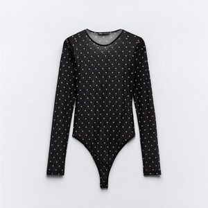 Printed tulle black and white polka dot body suit